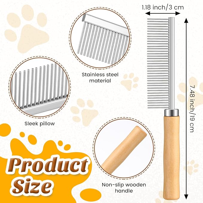 6 Pcs Grooming Comb bulk for Dogs Cats with Wooden Handle Pet Grooming Comb Smooth Teeth Tips Stainless Steel Detangling Matted Hair