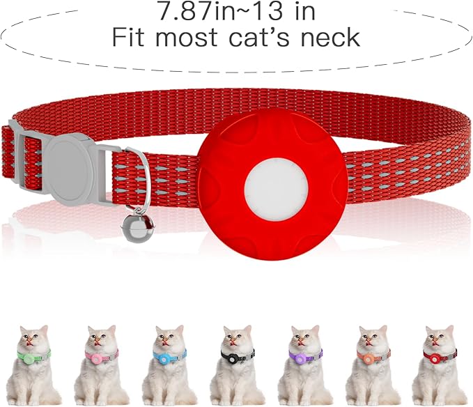 Cat Tracker Collar,No Monthly Fee Tracking Pet Collar with Finder Tag,Compatible with Apple Find My(iOS Only),Breakaway Tractive Design with Reflective Pattern & Bell,Red
