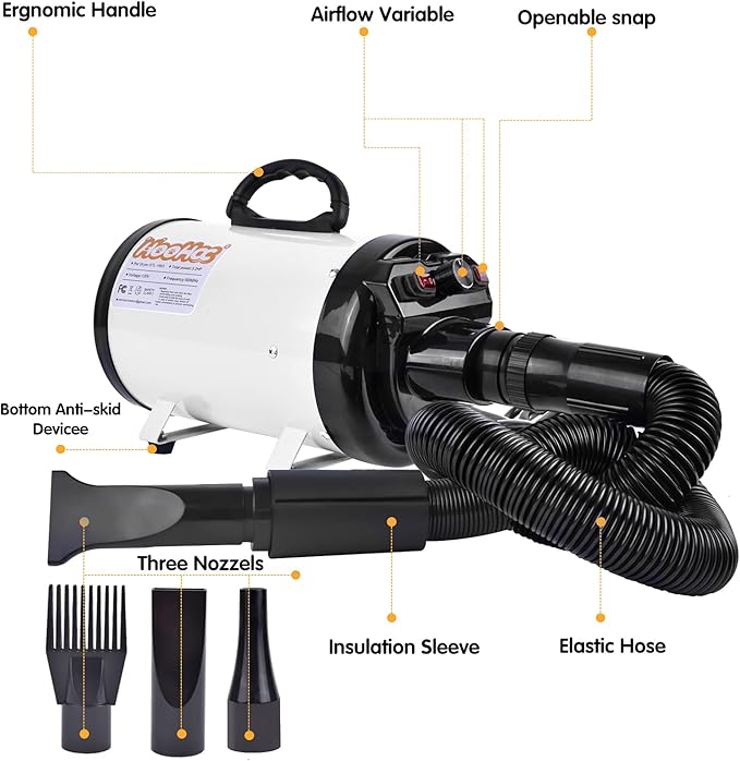 Dog Dryer, High Velocity Dog Hair Dryer, Dog Blow Dryer - Groomer Partner Pet Blower Grooming Force Dryer with Heater, Stepless Adjustable Speed, 4 Different Nozzles, Comb & Pet Grooming Glove (White)