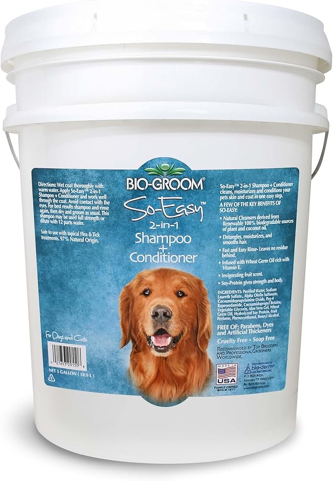 Bio-Groom So Easy 2 in 1 Shampoo & Conditioner- Dog & Puppy Shampoo and Conditioner 5 Gallon, Detangling Dog Wash, Bulk Size for Grooming, Soap Free, 12:1 Concentrate- Refreshing Fruit Scent, 5 Gallon