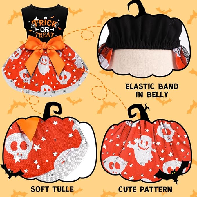 Funny Puppy Dress with Bow - Small/Large Dog Halloween Costume - Pumpkin Witch Bat Pet Dress - Trick or Treat