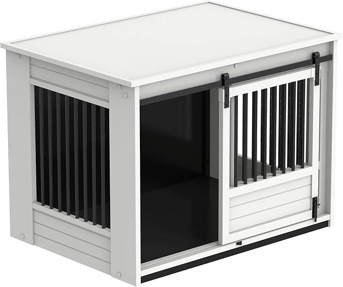 New Age Pet ECOFLEX Barn Door Dog Crate End Table - Antique White, Large - Durable Wood Plastic Composite with Stainless Steel Latch, Easy Assembly, 10 Year Warranty