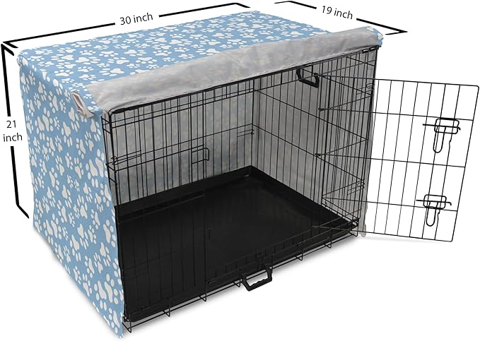 Ambesonne Paw Print Dog Crate Cover, Animal Themed Pattern with Pet Foot Marks on Blue Toned Background Print, Easy to Use Pet Kennel Cover for Cats & Medium Dogs, 30 Inch, Sky Blue