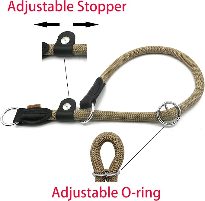 Braided Rope Collar, Training Dog Collar, Round Martingale Collar, Slip Collar with Adjustable Stopper and Slidable Stop Ring - Ideal for Extra Large Dogs (XL(1/2") - 24" Long, Khaki)