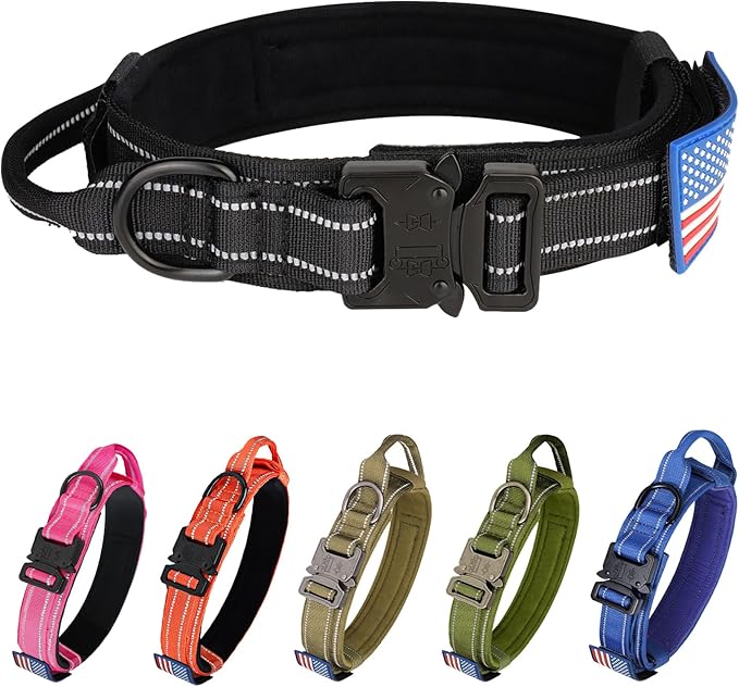 KCUCOP Tactical Dog Collar, Heavy Duty Dog Collar with Handle and Metal Buckle, Military Thick Dog Collars for Medium and Large Dogs(Black-XL-Reflective, 1 Patch)