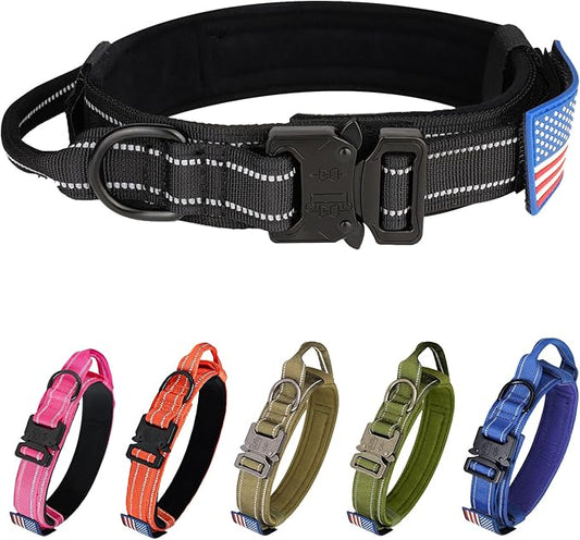 KCUCOP Tactical Dog Collar, Heavy Duty Dog Collar with Handle and Metal Buckle, Military Thick Dog Collars for Medium and Large Dogs(Black-L-Reflective, 1 Patch)