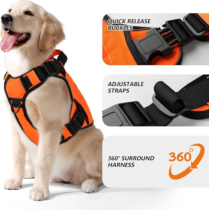 WINGOIN Orange Tactical Dog Harness Vest for Large Medium Dogs No Pull Adjustable Reflective K9 Military Dog Service Dog Harnesses with Handle for Walking, Hiking, Training(M)