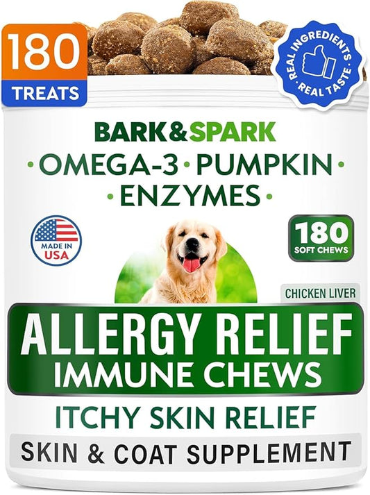 BARK&SPARK Dog Allergy Relief Chews (180 Treats) - Anti-Itch Skin & Coat Supplement - Omega 3 Fish Oil - Itchy Skin Relief Treatment Pills - Itching&Paw Licking - Dry Skin & Hot Spots - Chicken Liver
