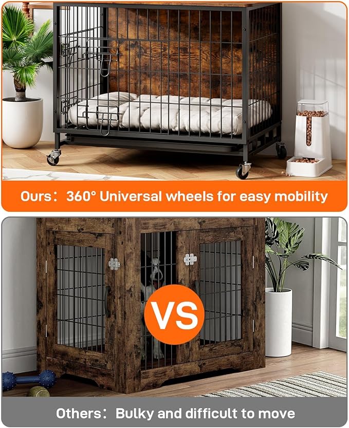 Dog Crate Furniture, 27.2" Wooden Dog Kennel Indoor, Double Doors Dog Cage with Removable Tray, Wheels, Large Dog Crate End Table for Medium/Large Dogs, Grey