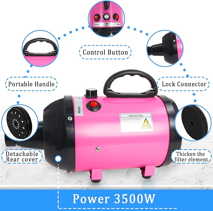 Dog Dryer for Large Dogs 5.2HP 3800W High Velocity Pet Hair Dryers with Heater for Grooming, Spind Temperature Adjustable Pet Dryer Machine with 4 Nozzles (Pink)