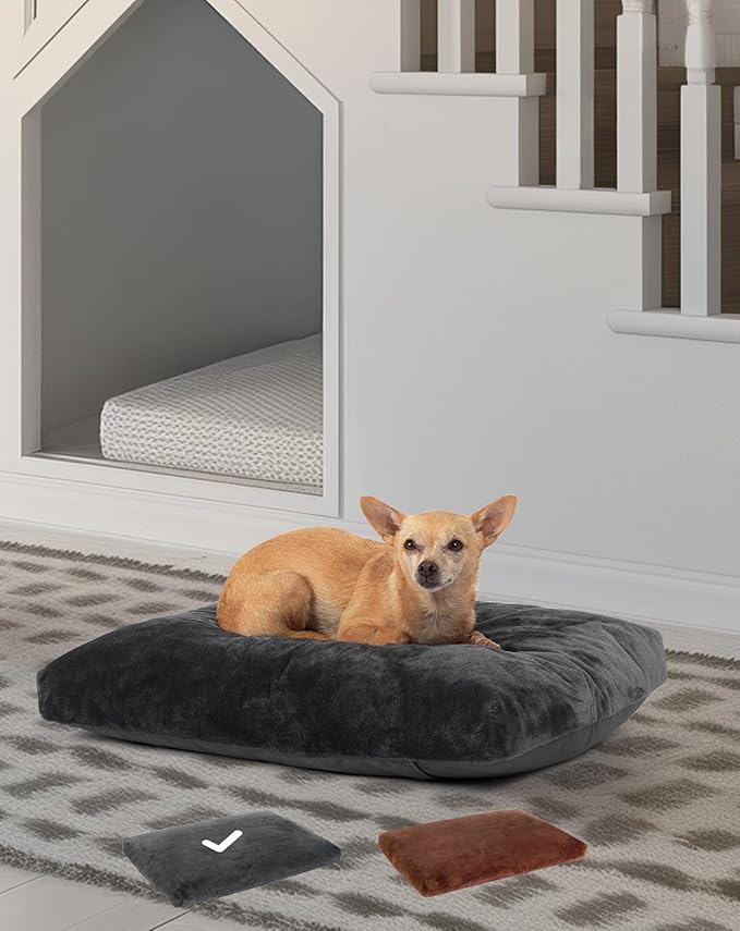 OhGeni Comfort Fluffy Dog Bed with Removable Washable Cover & Waterproof Lining, Chew Proof & Non-Slip Soft Crate Bed for Large, Medium, Small Size Dogs, 23in(Gray)