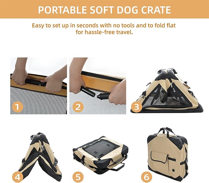 Pettycare 42 Inch Collapsible Dog Crate for Large Dogs, 4-Door Foldable Soft Kennel With Chew Proof Mesh Windows, Indoor & Outdoor Travel, Beige