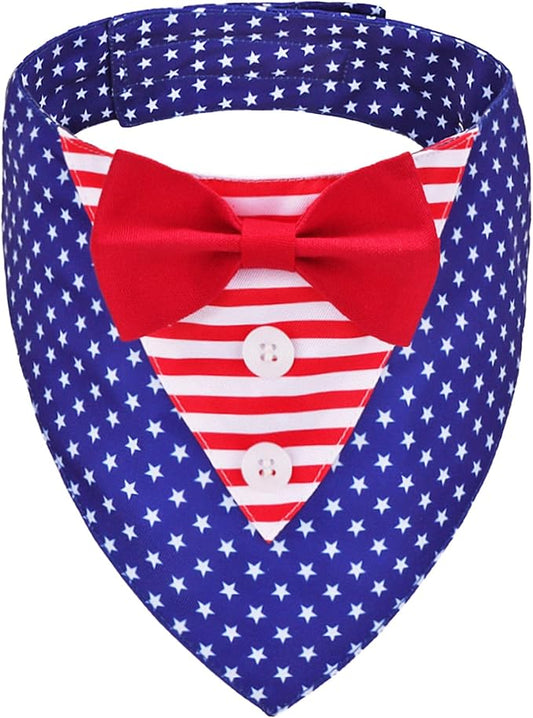 ADOGGYGO American Flag Dog Tuxedo Bandana, Red Blue Pet Tux with Bowtie Adjustable 4th of Julty Bandana Costume for Small Dogs Pets (S)