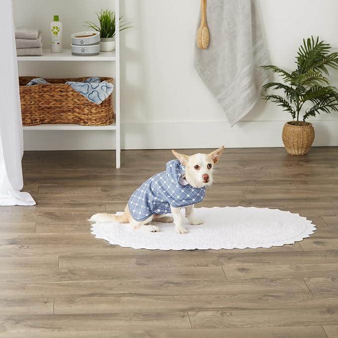 Bone Dry Pet Robe Collection, Trellis Paw Print, Absorbent Microfiber Bath Robe with Adjustable Closure for Dogs & Cats, X-Small, Stonewash Blue