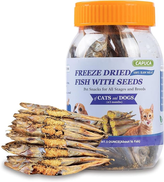 Freeze Dried Fish Dog Treats - Whole Capelin Fish Seeds Cats Treats Natural Single Ingredient Delicious Snacks Training Healthy Chews Food Pet Food No Fillers （3 Oz）