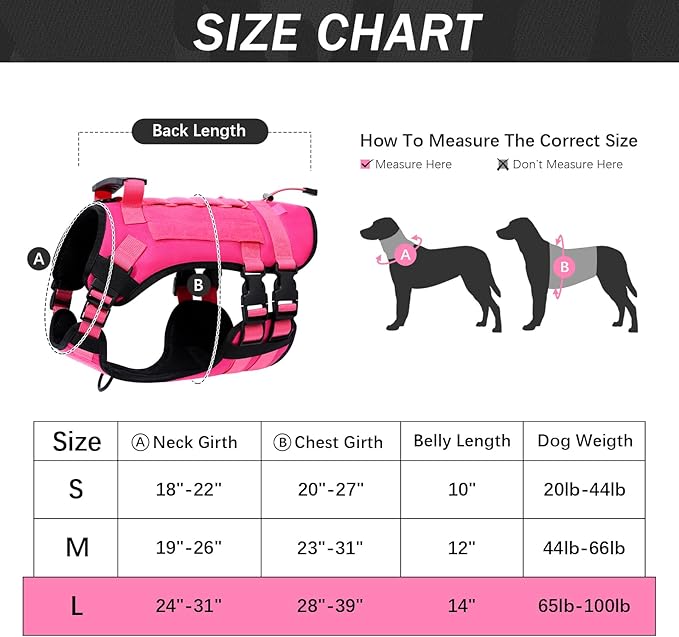 No Pull Tactical Dog Harness for Large Dogs, Escape Proof Molle Dog Vest Harness and Leash Set, Adjustable Military Service Dog Harness with Handle for Medium Large Dogs(L, Pink)