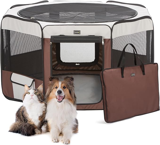 DONORO Dog Playpen 29" Portable Pet Play Pens for Small Dog/Cat/Rabbit/Chicks, Foldable Exercise Kennel Tent Crate Indoor/Outdoor Travel Camping, Removable Top/Bottom (Brown, Small (29"x29"x15"), 8)