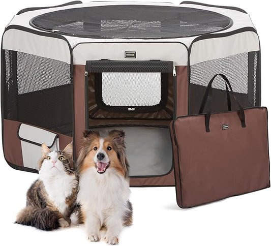 DONORO Dog Playpen 36" Portable Pet Play Pens for Small Dog/Cat/Rabbit/Chicks, Foldable Exercise Kennel Tent Crate Indoor/Outdoor Travel Camping, Removable Top/Bottom (Brown, Medium (36"x36"x20"), 8)