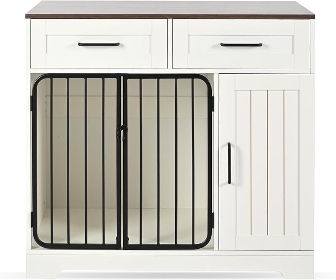 Ball & Cast 37.4" 2-in-1 Dog Crate Furniture,Modern Indoor Kennel with 2 Drawers&Storage Shelves,Double Doors&Double Locks Design for 26-40 lbs Dogs,Living Room,Kitchen,Entryway Side Table,White