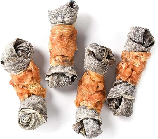 Chicken Wrapped Cod Skin Knotted Bones-6.5", All-Natural Healthy Dog Chew Treats Fish Skin, Rich in Omega3 Protein 5-6 Pcs 10.6 OZ