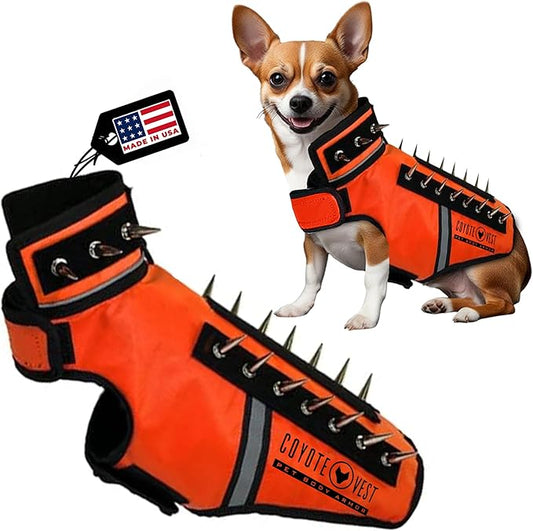 CoyoteVest SpikeVest Dog Harness Vest for Small Dogs, Reflective Dog Vest with Spikes to Shield Your pet from Coyotes, Raptor and Animal Attacks, Anti Hawk Vest, Made in USA (XXS-Fluorescent Orange)