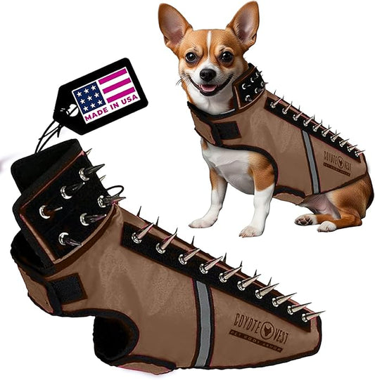 CoyoteVest SpikeVest Dog Harness Vest for Small Dogs, Reflective Dog Vest with Spikes to Shield Your pet from Coyotes, Raptor and Animal Attacks, Anti Hawk Vest, Made in USA (S-Texas Tan)