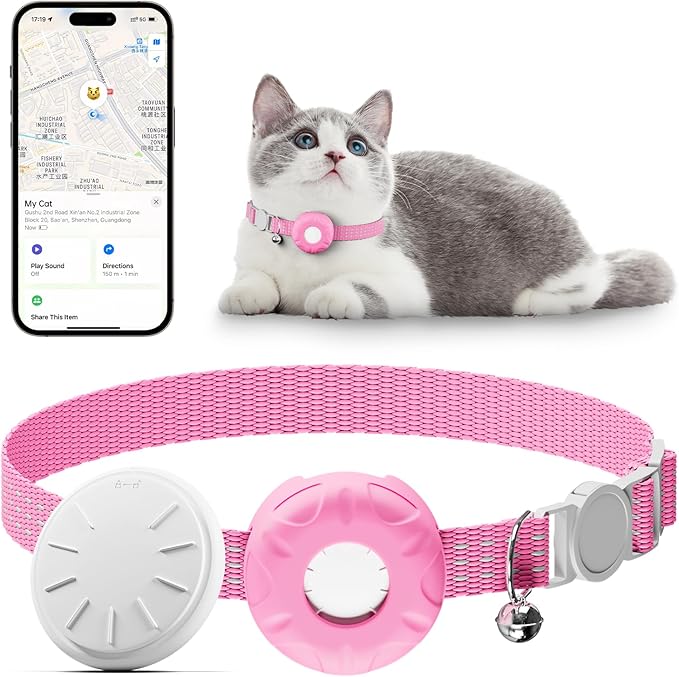 Cat Tracker, Cat Tracker Collar with Safety Elastic Buckle, Works with Any Collar,Compatible with Apple Find My App (Only iOS), No Monthly Fee, Waterproof, Pink