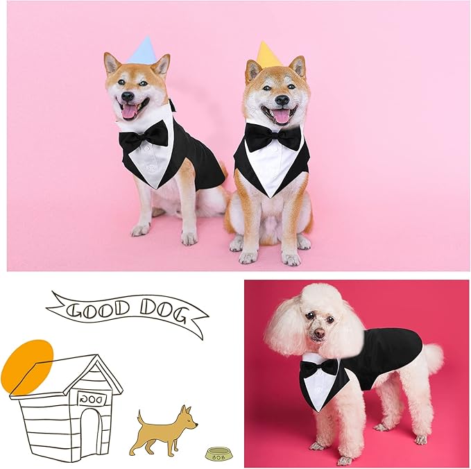 Weewooday Dog Tuxedo and Bandana Set Dogs Formal Tuxedo PET Wedding Party Suit Wedding Bow Tie Shirt for Christmas Halloween Birthday Costumes(Cute Style,XX-Large)
