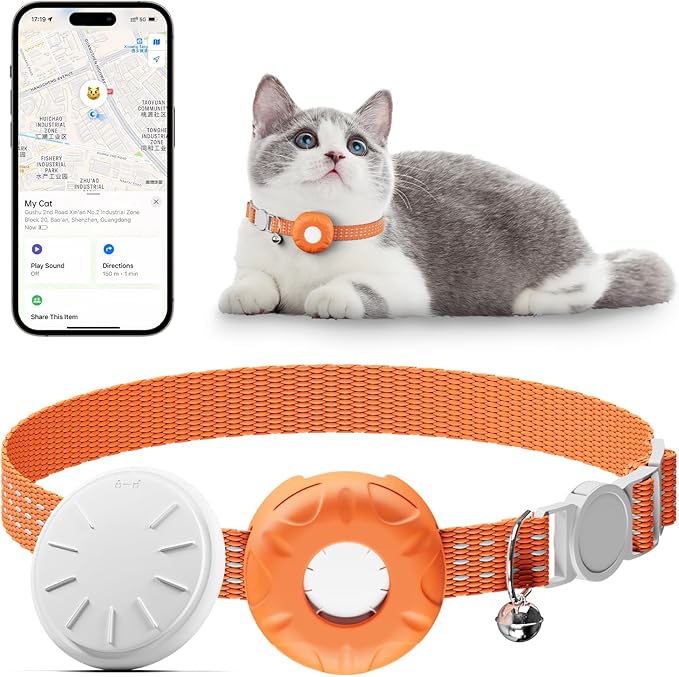 Cat Tracker, Pet Tracker for Cats, Cat Tracker Collar with Safety Elastic Buckle, Works with Any Collar,Compatible with Apple Find My App (Only iOS), No Monthly Fee Pet Tracker, Orange