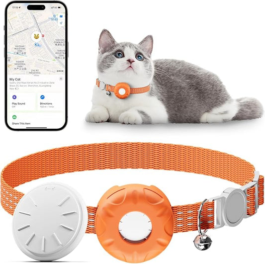 Cat Tracker, Pet Tracker for Cats, Cat Tracker Collar with Safety Elastic Buckle, Works with Any Collar,Compatible with Apple Find My App (Only iOS), No Monthly Fee Pet Tracker, Orange