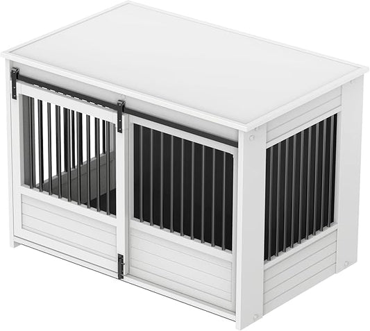 New Age Pet ECOFLEX Barn Door Dog Crate End Table - Antique White, X-Large - Durable Wood Plastic Composite with Stainless Steel Latch, Easy Assembly, 10 Year Warranty