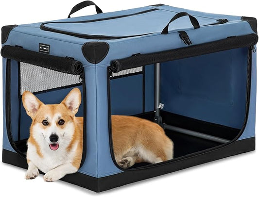 PETSFIT Collapsible Dog Crate, with Patented Adjustable Fabric Cover, Chewproof & Lockable Mesh Doors, Waterproof Base Soft Kennel Blue 30 Inch
