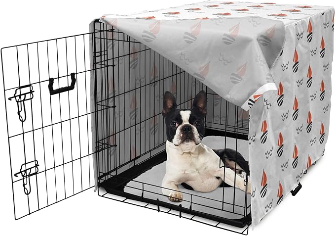 Lunarable Sail Boat Dog Crate Cover, Abstract Boat Waves Cartoon Drawing Style Geometric Pattern, Easy to Use Pet Kennel Cover for Small Dogs Puppies Kittens, 22 Inch, Salmon Black Grey