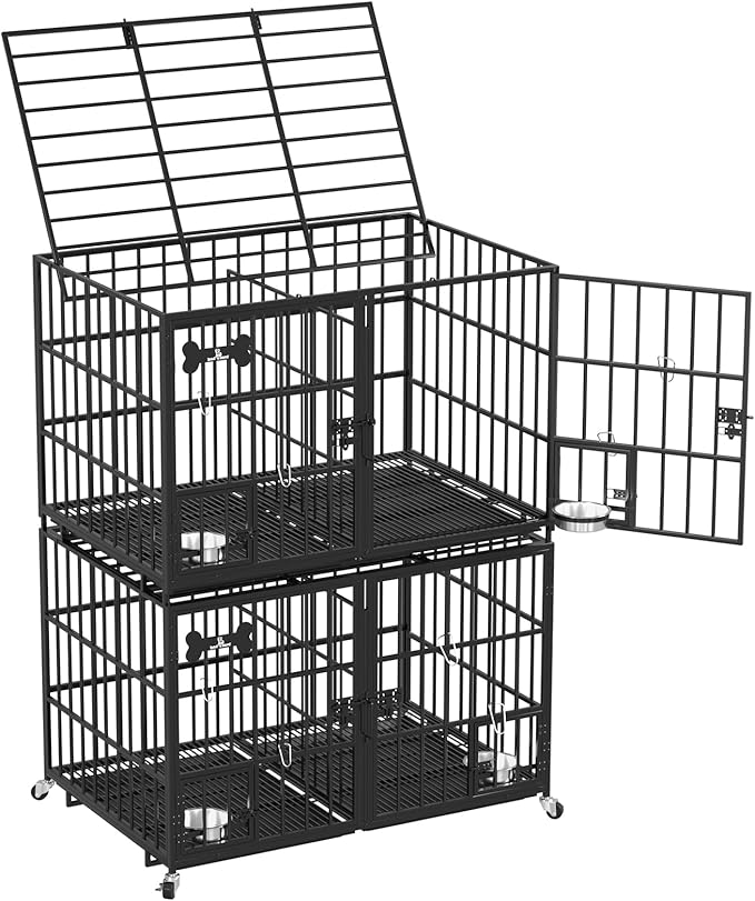 Dosker 48/42 inch Stackable Heavy Duty Metal Dog Crate for 4 Dogs/Large Dog,All Metal Open Top Access,Escape Proof Cage,Dog Kennel Indoor with Wheels,Floor Grid, Tray, Divider and Feeding Bowl