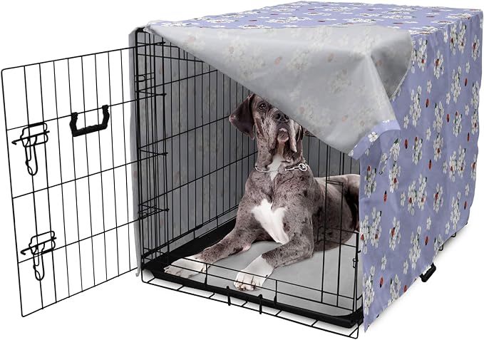Ambesonne Floral Dog Crate Cover, Japanese Flowers Sakura Blossoms and Ladybugs on Soft Toned Background, Easy to Use Pet Kennel Cover for Medium Large Dogs, 48 Inch, Pale Ceil Blue White