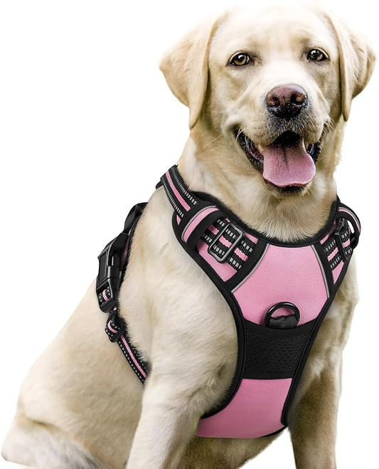 rabbitgoo No-Pull Pet Harness with 2 Leash Clips, Adjustable Soft Padded, Reflective No-Choke Pet Oxford Vest with Easy Control Handle for Large Dogs, Pink, L