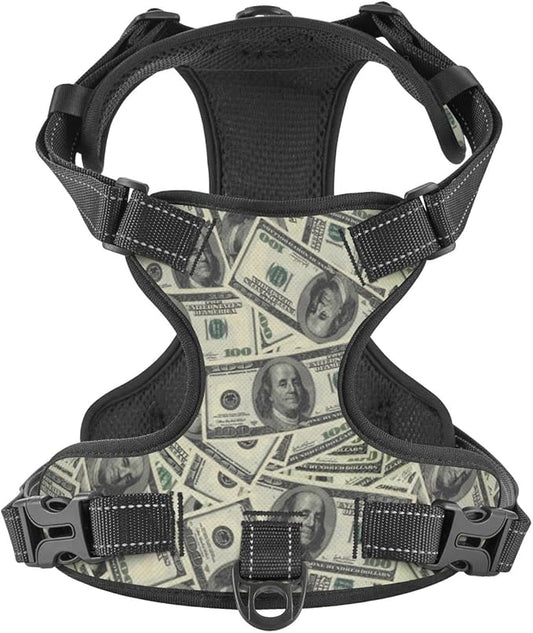 No Pull Dog Harness for Small Dogs Easy Walk Dog Vest Adjustable Collars Harnesses & Leashes Set Breathable Oxford Outdoor Walking Safety Reflective Strip Dollar Cash Prints