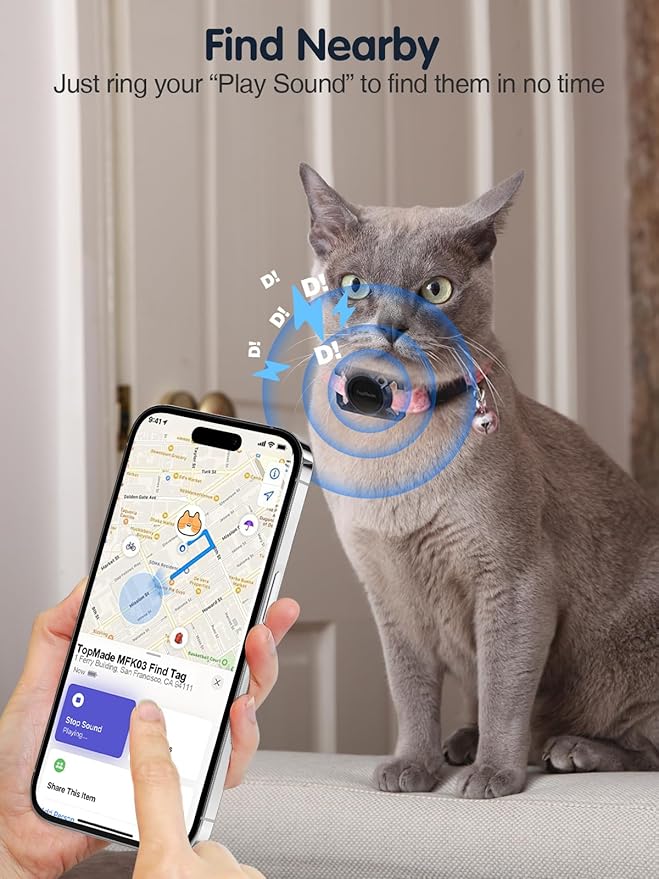 TopMade Smart Pet Tracker with Collar Holder, Cat Dog Tracker Compatible with Apple Find My, Anti-Lost Device Find Tag for Dogs, Cats, Pets, Luggage, Bag Straps, Not a GPS Tracker, Gunmetal