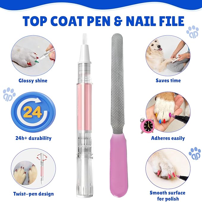 Dog Nail Polish Pens Quick-Dry Set – 8 Metallic & Matte Colors Pawlish Pens, 1 Nail File with 1 Top Coat Pen – Non-Toxic, Easy to Apply, Pet-Safe Accessories for Small & Large Puppies & Cats