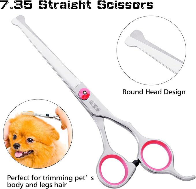 Dog Grooming Scissors With Safety Round Tips 5 in 1 - 4CR Stainless Steel Professional Pet Shears for Dogs and Cats, Pink