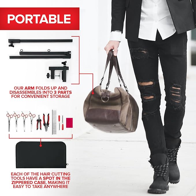 Modern Innovations Dog Grooming Arm, 12-Piece Dog Grooming Table Arm with Clamp & Tool Kit, Harness +Accessories for Small/Medium Dogs, Shears, Curved & Straight Haircut Scissors, Nail Clippers, Comb