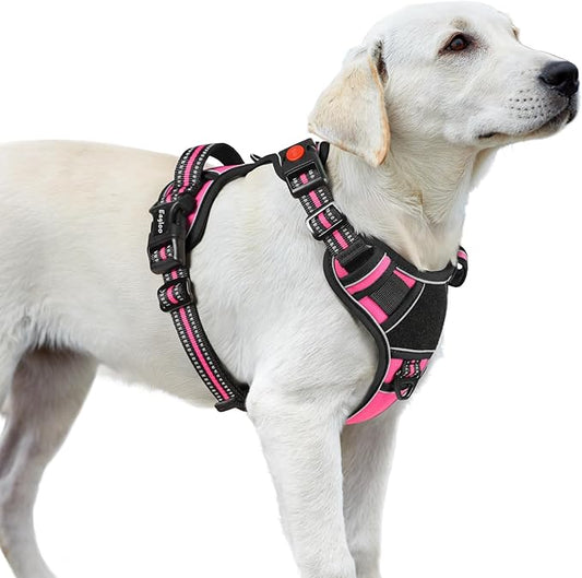 Eagloo Dog Harness for Large Dogs, Easy Wearing with 3 Buckles, Adjustable No Pull Pet Harness with 2 Rings for Walking, No Chock Reflective Soft Padded Vest with Control Handle, Pink & Black, L