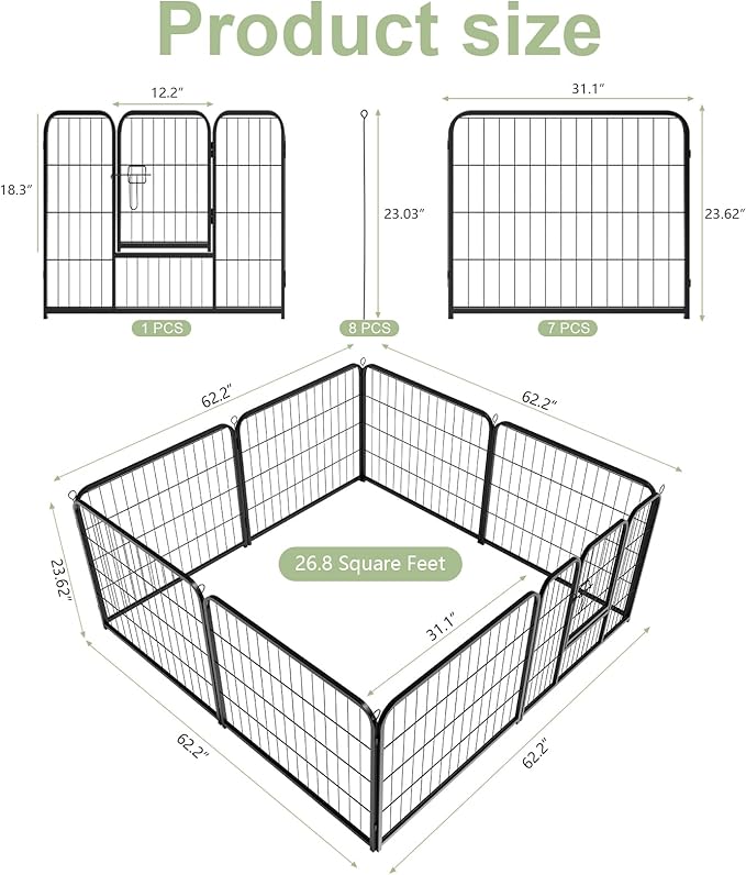 Dog Playpen with Door, Dog Fence for Outdoor & Indoor, 8 Panels 24 inch Height, Black