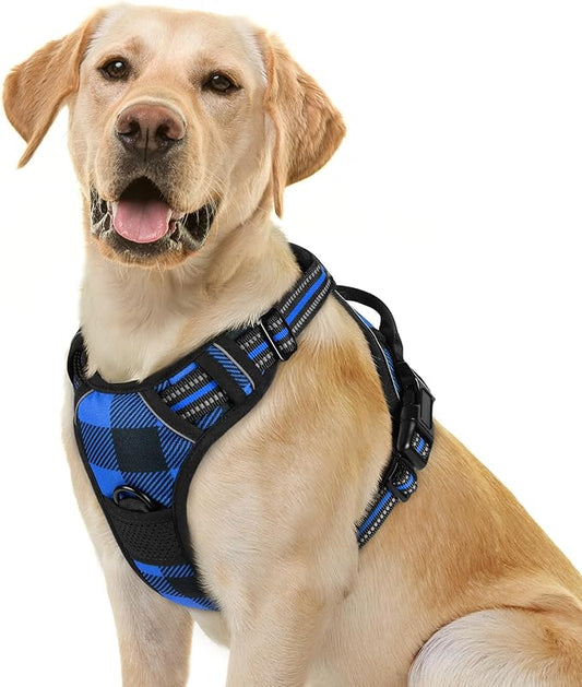 rabbitgoo Dog Harness for Large Dogs No Pull, Comfortable Padded Plaid Dog Harness with Handle Easy Control, Adjustable Reflective Puppy Pet Harness Vest with 2 Leash Clips, Blue Plaid, L
