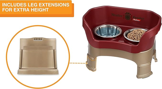 Neater Feeder Deluxe Mess Proof Dog Bowls Elevated Medium Sized Dogs (19-40 lbs) Made in USA, No Spill Raised Dog Food Bowl Stand w/Leg Extension, Stainless Steel Food and Water Bowl Set, Cranberry
