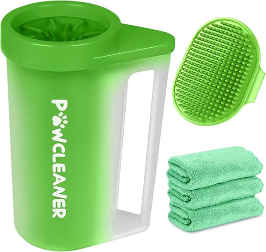 Buddy Muddy Green Pet Foot Cleaner with Handle, Adjustable Bath Brush & Absorbent Towels for Large Dogs