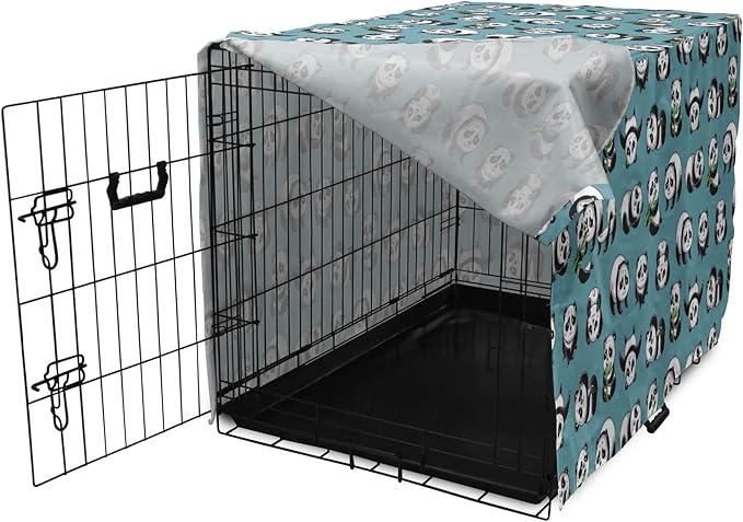 Lunarable Panda Dog Crate Cover, Cartoon Style Pandas Eating Branches Bear Poses in Sleeping and Rolling, Easy to Use Pet Kennel Cover for Medium Large Dogs, 36 Inch, Petrol Blue and Black
