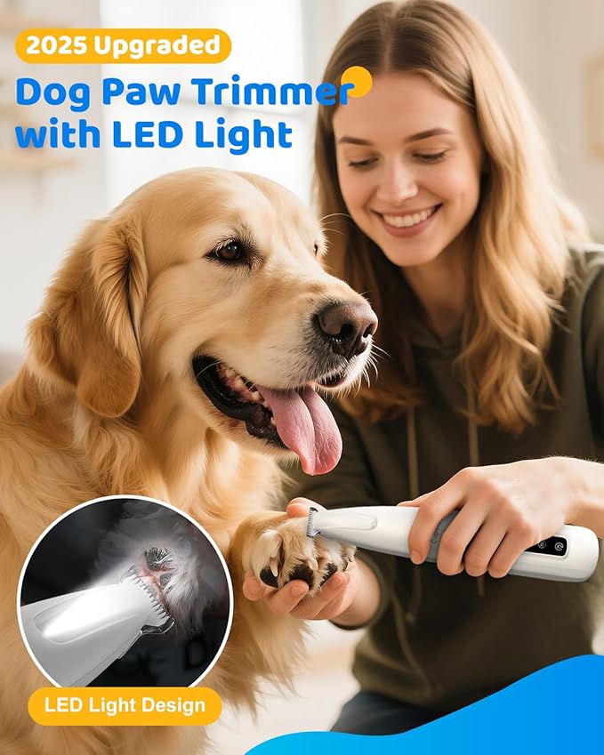 Dog Paw Trimmer with LED Light, 2025 Upgraded Safety Electric Paw Trimmer for Dogs and Cats Paw Cleaner, 35dB Low Noise Multifunctional Dog Clippers for Paws, Eyes, Ears, Face Shavers, Rump (White)