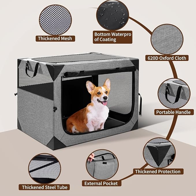 Dog Crate,30x21x21 Inch Large Dog Crate for Large or Medium Dogs, Portable and Foldable Design of Dog Cage, Perfect for Travel or Home Use, Dog Kennel with 3-Door and Durable Mesh Windows, Grey