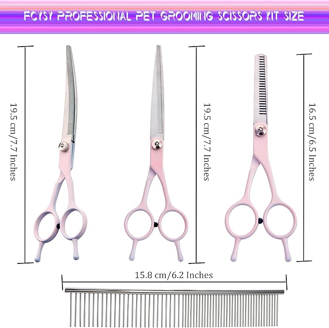 Dog Grooming Scissors Kit, Fcysy Professional Dog Trimming Scissors Set, Hair Cutting Curved Thinning Shears for Pet Cat at Home, Pet Grooming Supplies